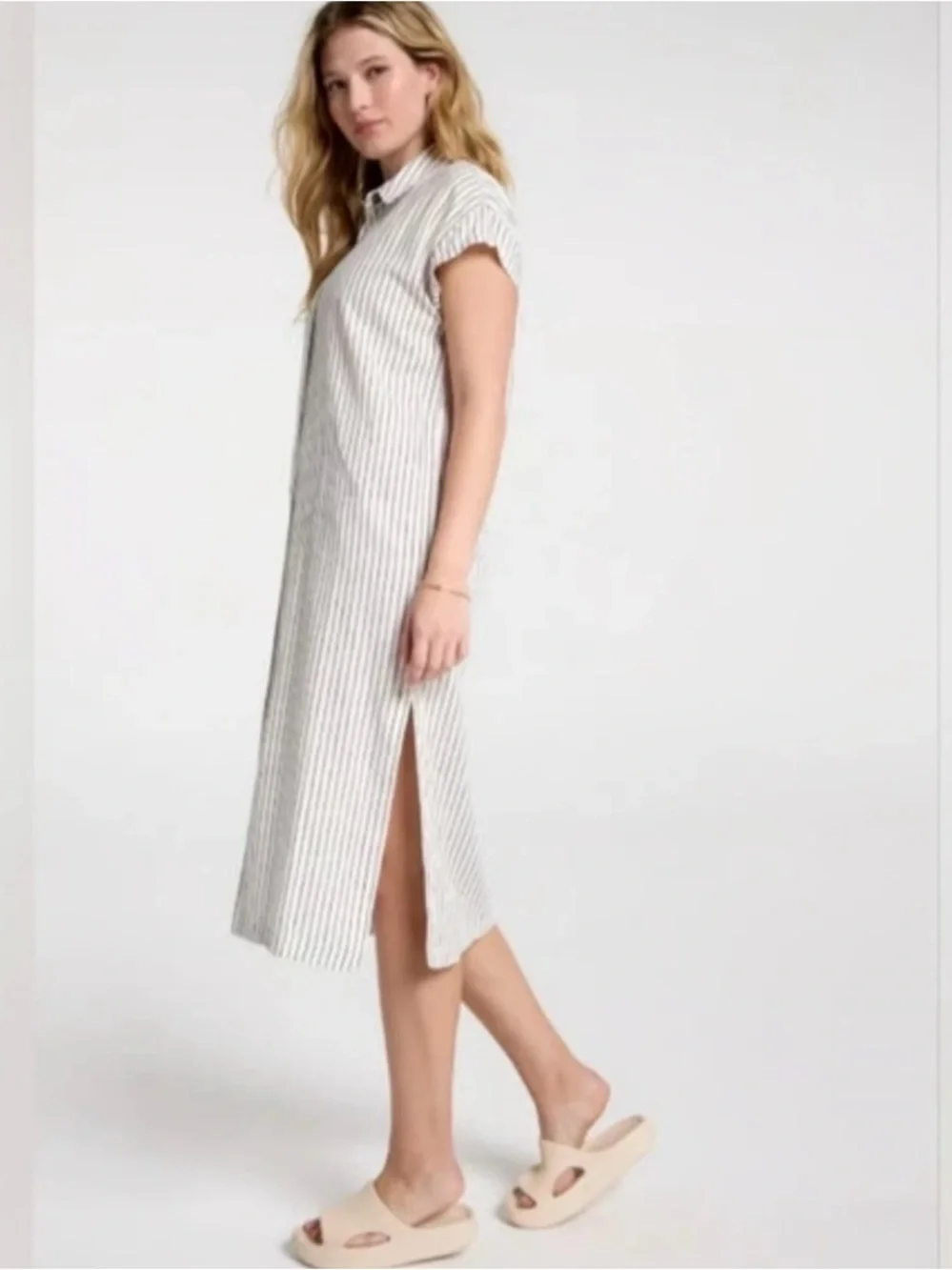 Calia Swim Coverup Dress Yucatan Stripe Ivory Linen Blend Button Down NWT Medium - Picture 2 of 15
